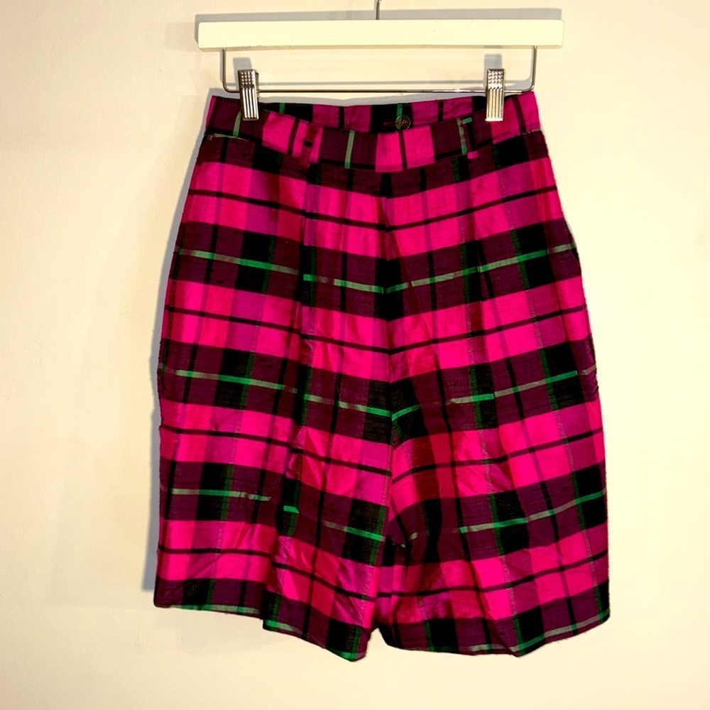 Henri Bendel New York 100% Silk High Rise Bermuda Shorts Hot Pink Plaid 0/2/XS/S
